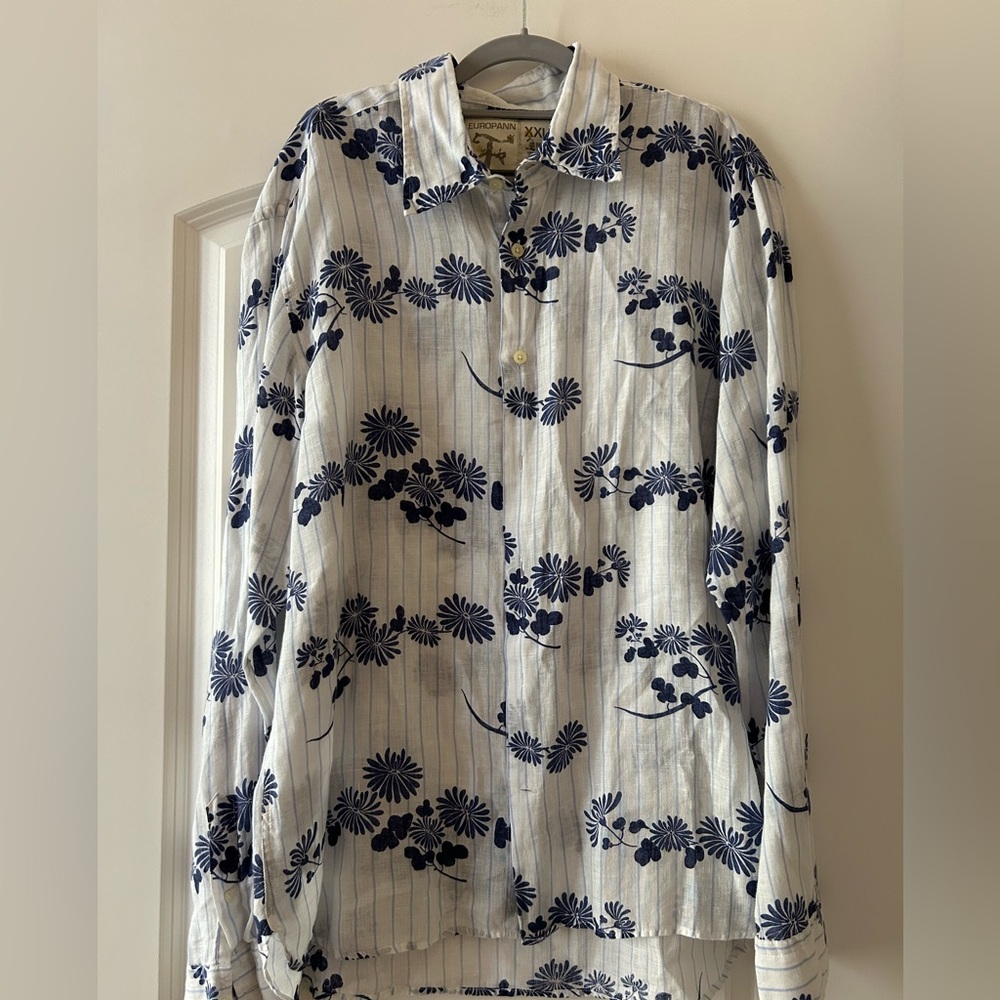 Europann Men's Gray Linen White Blue Shirt Size XXL Floral Button-Up Shirt